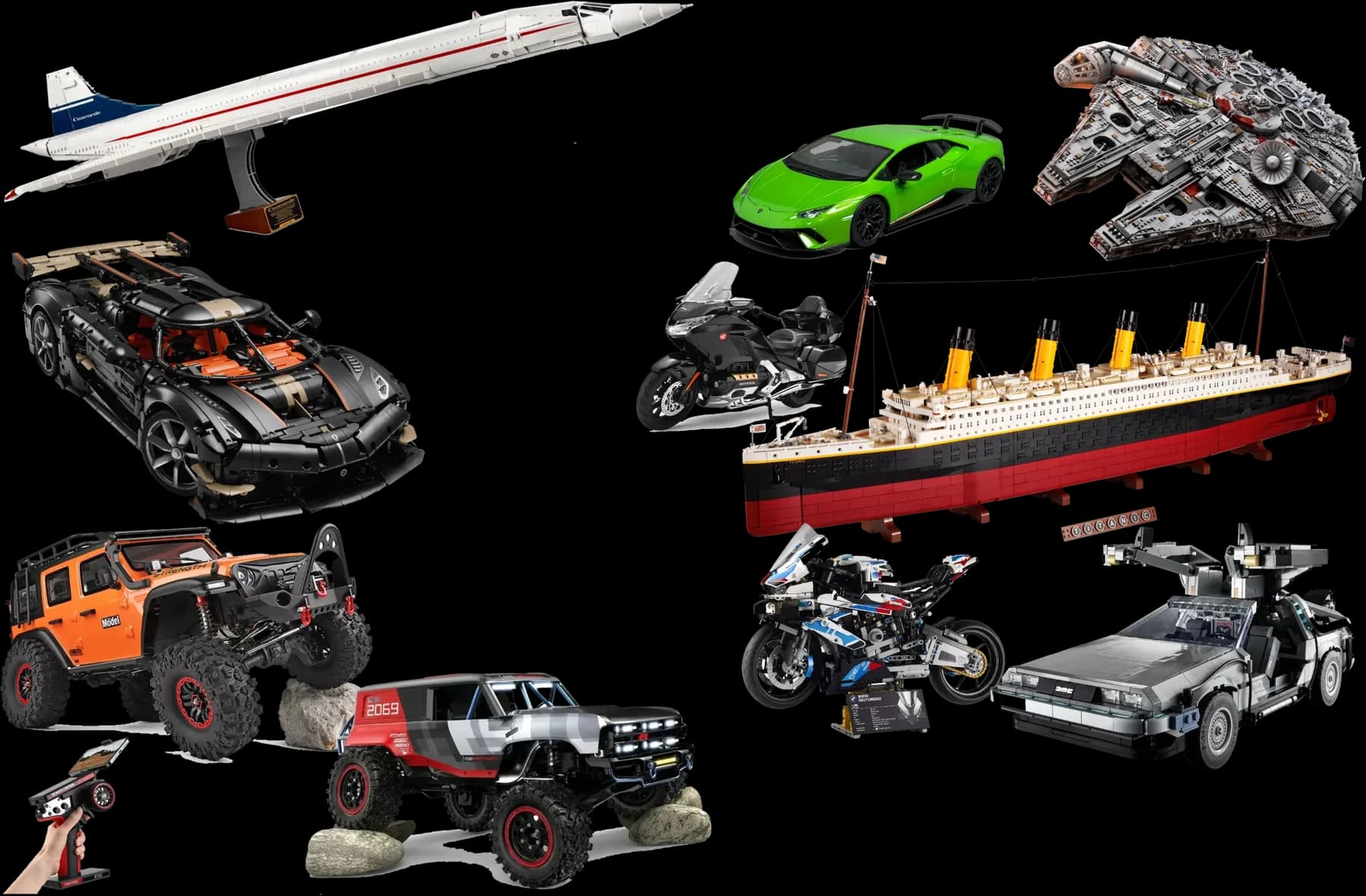 Legur vitrini: Concorde, Titanic, Millennium Falcon, Koenigsegg, Lamborghini Huracán, DeLorean, BMW və Honda motosikletləri, RC maşınlar